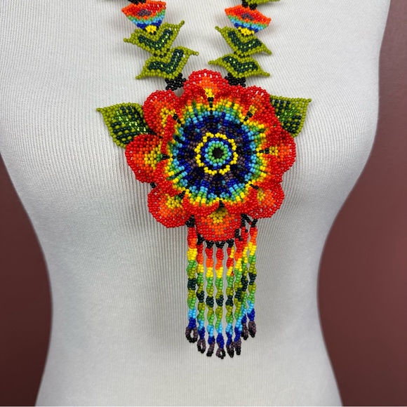 Huichol necklace Multicolor flower beaded necklace mexican style tassel - Picture 2 of 6